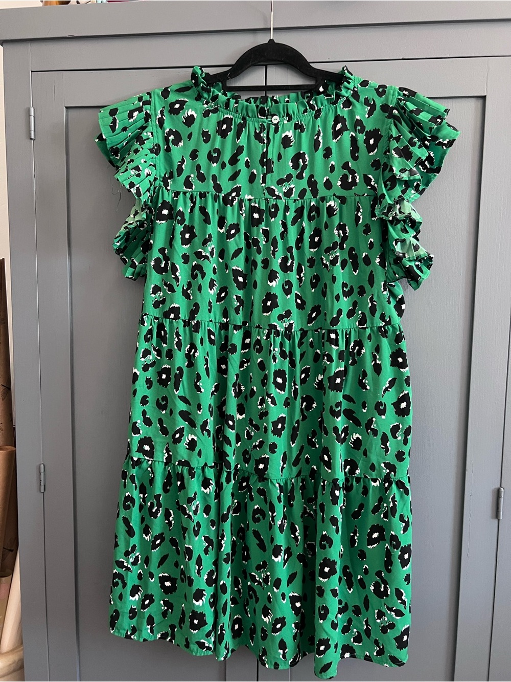 Unique Green Leopard Print Ruffle Sleeve Dress